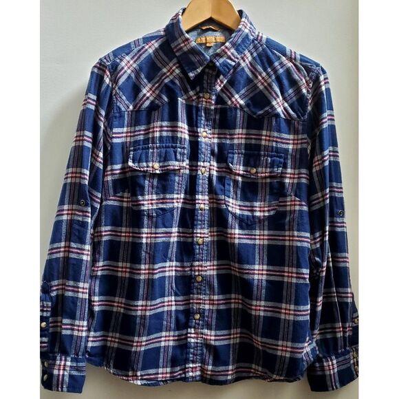 Jachs Girlfriend Shirt Plaid Flannel Navy/Red/White Pearl Snaps Chest Pockets - Picture 2 of 10